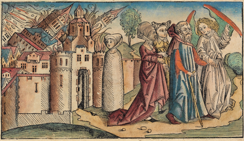 Lot leaving Sodom, Woodcut from the Nuremberg Chronicle