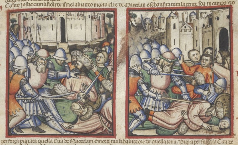 Joshua killing the King of Makkedah (Joshua 10-28), Add MS 15277, f. 72r